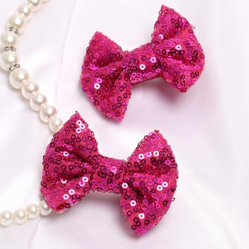 KISZU 3 Inch Glitter Hair Bows Clips Sparkling Sequin Hairpins Rose Red