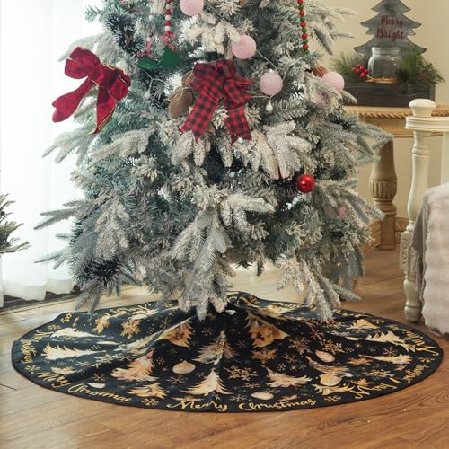 Christmas Tree Skirt 36 Inch Gold & Black Holiday Decor - Merry Christmas