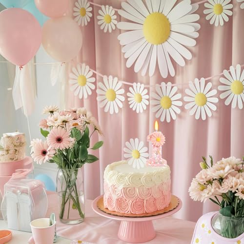 Pink Daisy Flower Number 1 Birthday Candle with Tray - Glitter Cake Topper