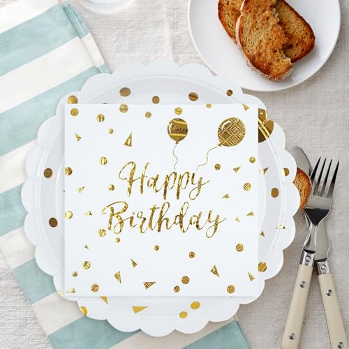 Happy Birthday Paper Plates and Napkins Set, White and Gold, 50PCS
