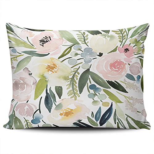 Watercolor Floral Pillowcase 12x20 Inches - Green & Pink