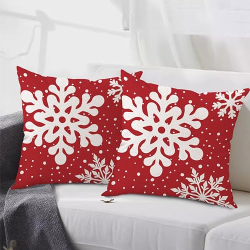 Gujiahone Red Snowflake Christmas Pillow Covers Set of 2 18x18 Inch Linen Square Holiday Decor