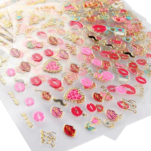 Valentine's Day Nail Art Stickers 3D Heart & Lip Decals - 30 Sheets