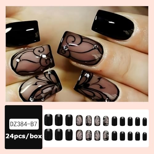 OHWODA Short Square Press on Nails Black Vine Glossy False Nails 24Pcs