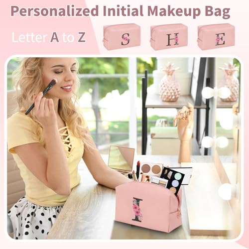 Initial Makeup Bag for Women - Personalized Waterproof PU Leather Travel Cosmetic Bag