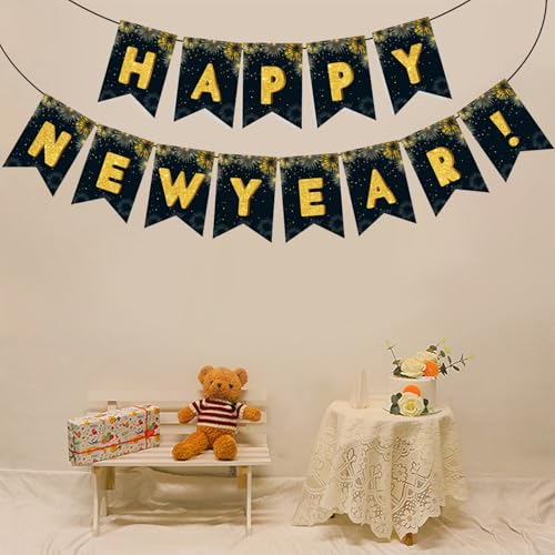 Black and Gold Happy New Year Banner 13-Piece Party Decoration Garland
