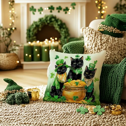 St. Patrick's Day Pillow Cover 18x18 - Cat & Shamrock Design