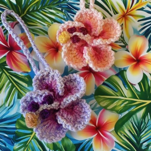 Handmade Crochet Hibiscus Car Hanging Decor - Pink Flower Charm