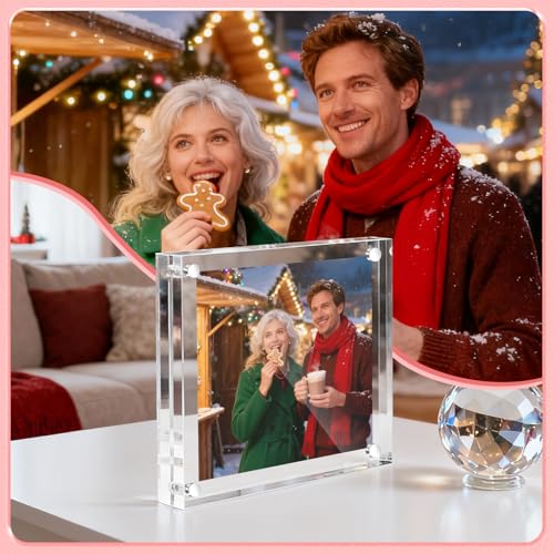 Vowcarol 5x5 Acrylic Magnetic Picture Frame, Double-Sided Clear Desktop Stand
