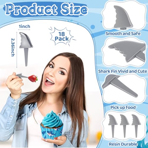 Blulu 18 Pcs Shark Fin Cupcake Toppers for Ocean Theme Parties