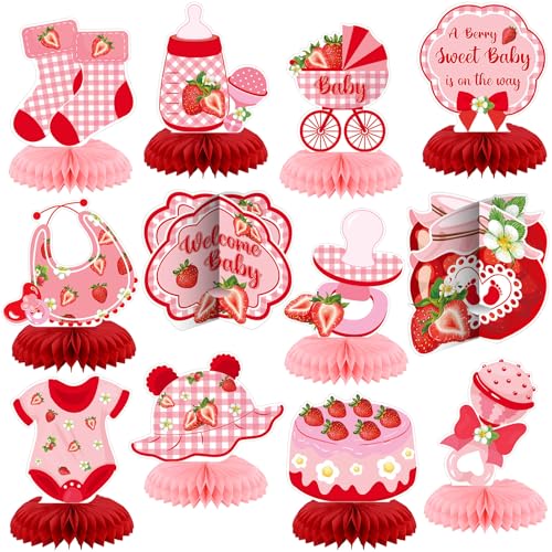 12 Pcs Strawberry Honeycomb Centerpiece Set for Baby Shower Decorations
