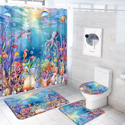 Coastal Ocean Shower Curtain - Turtle, Octopus & Jellyfish Design, 70" x 70"