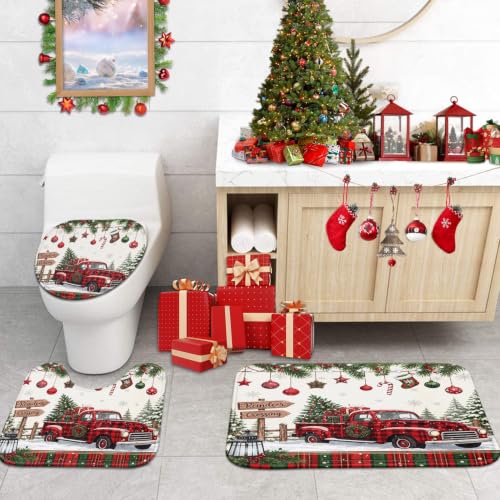 ArtSocket Christmas Bathroom Set with Shower Curtain and Rugs - Truck Red