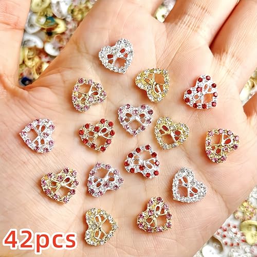 CnSybaris 42Pcs 3D Heart Nail Charms Alloy Crystal Rhinestones for DIY Manicure