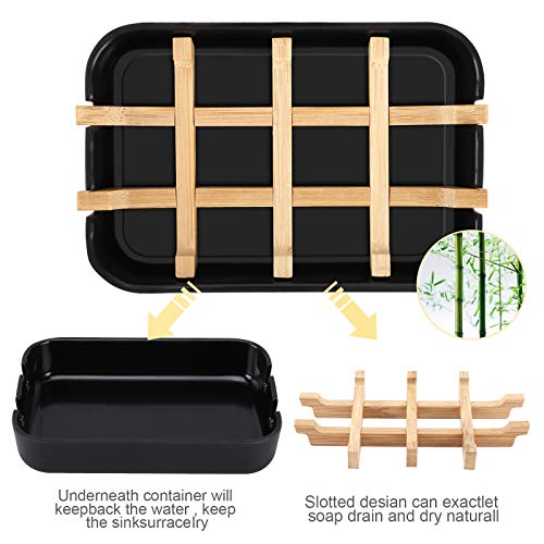 Bamboo Wooden Soap Dish with Drainage - Black, Easy Clean Design