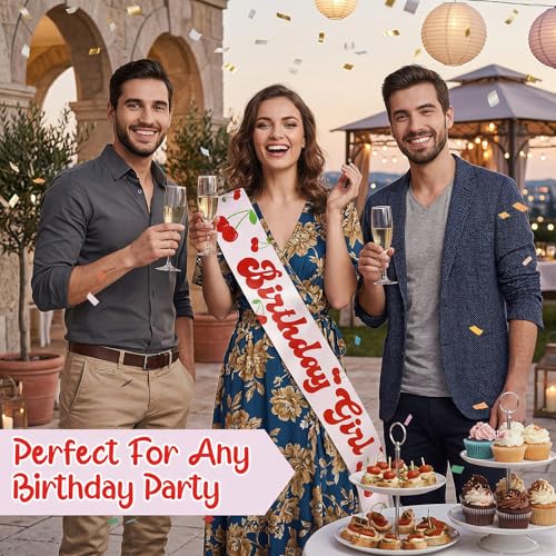 Thinp Cherry Birthday Girl Sash - Pink Satin with Red Cherry Pattern