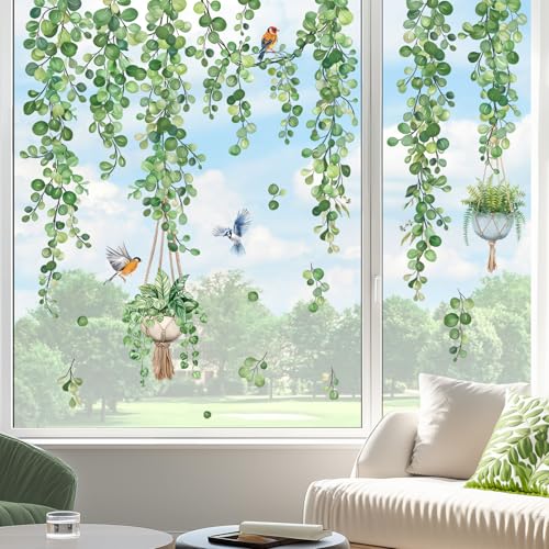 Decalmile Green Leaves Window Clings - Reusable Vine Decals