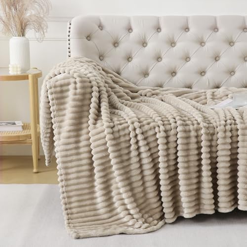 Khaki Striped Throw Blanket 50x60 inches - Plush Fleece for Couch