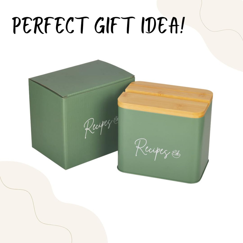 Sage Green Recipe Organizer with Wooden Lid - Set Includes 12 Dividers & 30 Blank 4 x 6" Recipe Cards