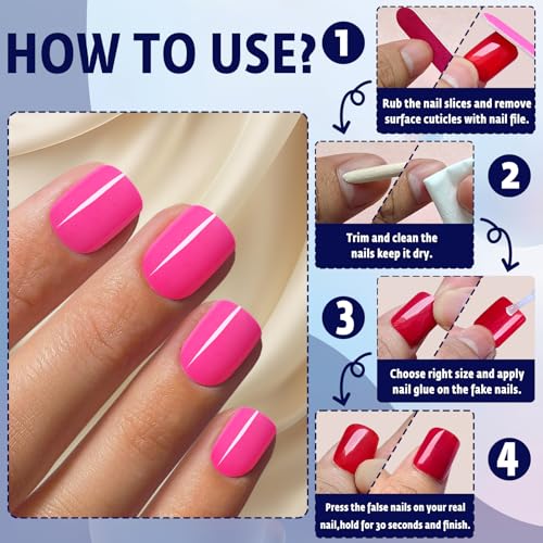 Short Press on Nails Hot Pink Square Glossy Fake Nails Kit