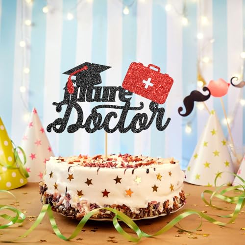 Future Doctor Graduation Cake Topper - Black Red Glitter Decoration