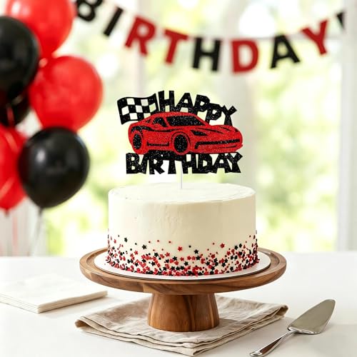 Race Car Birthday Cake Topper - Red Glitter Racing Theme Decor