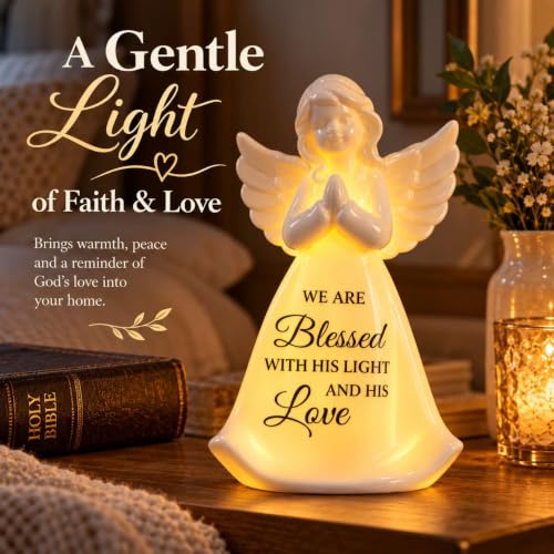 White Lighted Porcelain Angel Figurine with Inspirational Faith Message - Christian Home Decor