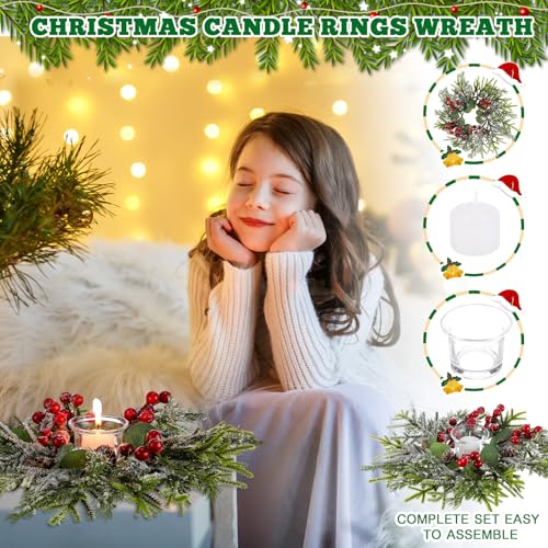 Christmas Candle Ring Set with Holders - Pine Berries Cones - 4 Pieces