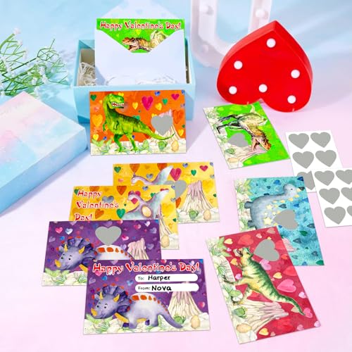 Dinosaur Valentine Cards for Kids - 30 Scratch Off Cards with Envelopes