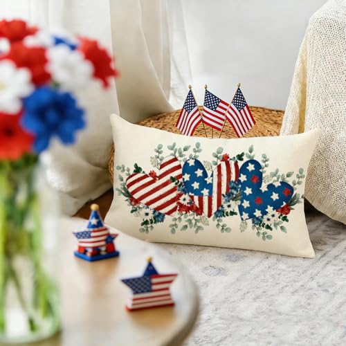 4th of July Pillow Cover 12x20 Inch | Patriotic Hearts Decor