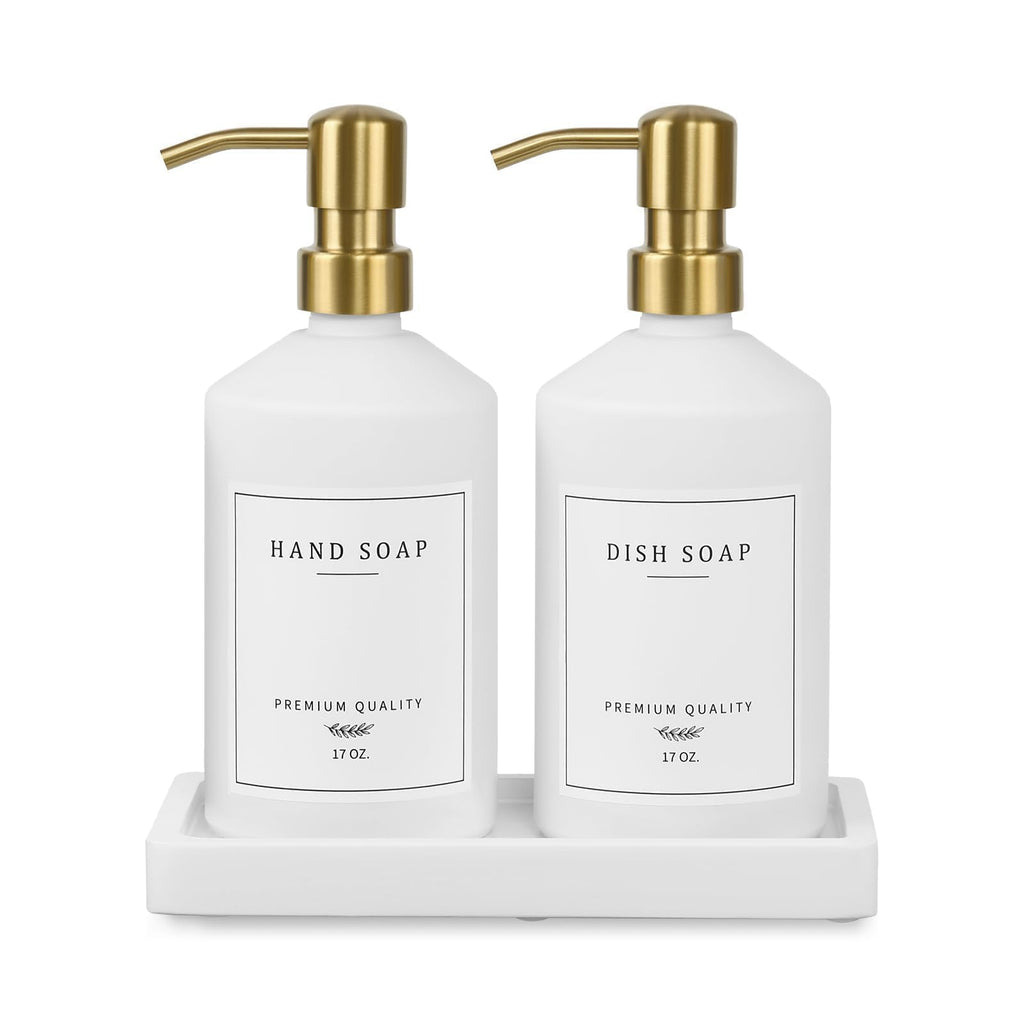 Gold Soap Dispenser Set, Glass Hand and Dish Soap Dispenser Set with Tray,Stainless Pump,14 Stickers for Kitchen,Bathroom Soap and Lotion Dispenser,Modern Counter Decor (White Bottle/Gold Pump)