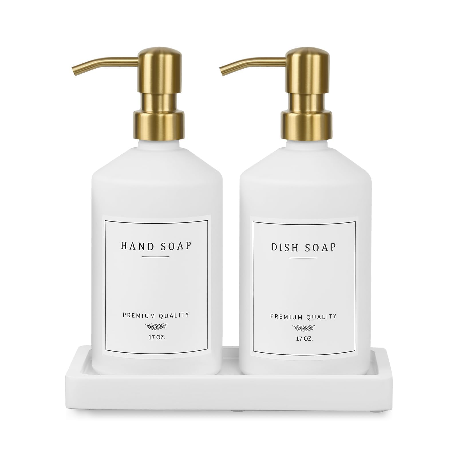 Gold Soap Dispenser Set, Glass Hand and Dish Soap Dispenser Set with Tray,Stainless Pump,14 Stickers for Kitchen,Bathroom Soap and Lotion Dispenser,Modern Counter Decor (White Bottle/Gold Pump)