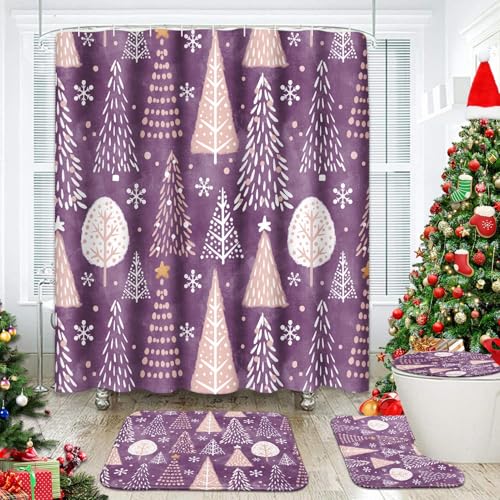 Bathroom Set with Shower Curtain and Rugs - Christmas Tree Snowflakes Purple