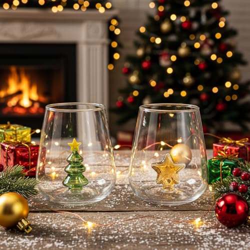 Christmas Tree and Star Stemless Wine Glass Set - 2 Pack Holiday Drinkware