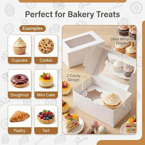 18-Pack 2-Cupcake Boxes with Clear Window, 6.3 x 3.54 x 2.95 Inch White