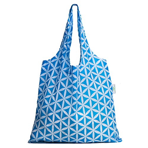 Reusable Grocery Bags Set - Heavy Duty Foldable Shopping Totes with Blue Geometric Flowers - 3 Pack