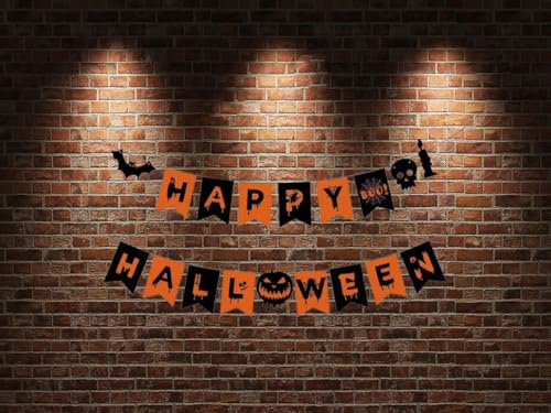 Happy Halloween Banner with Pumpkins Spiders Bats and Witch Hats