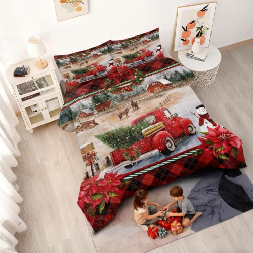 Sedefen Christmas Comforter Set Queen Red Gingham Truck Farmhouse Bedding - Variation of King