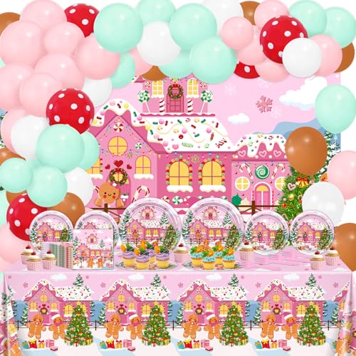 Pink Gingerbread Christmas Party Decorations Kit - Banners, Plates, Balloons & Napkins