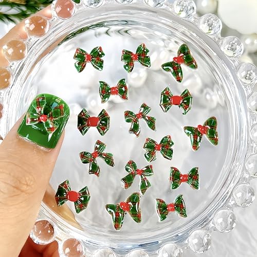 150Pcs Christmas Bow Nail Charms - 3D Resin Red and Green Lattice Bowknot Rhinestones for Winter Nail Art Designs