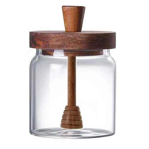 hiwafifi Glass Honey Jar with Dipper and Lid, 14 OZ Airtight Honeypot with Acacia Wood Lid, Coffee Syrup Dispenser, Round Honey Storage Container, Kitchen Dining Gifts for Her Bar Accessories