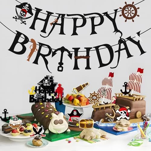 Black Felt Pirate Happy Birthday Banner - Reusable Party Bunting Decor
