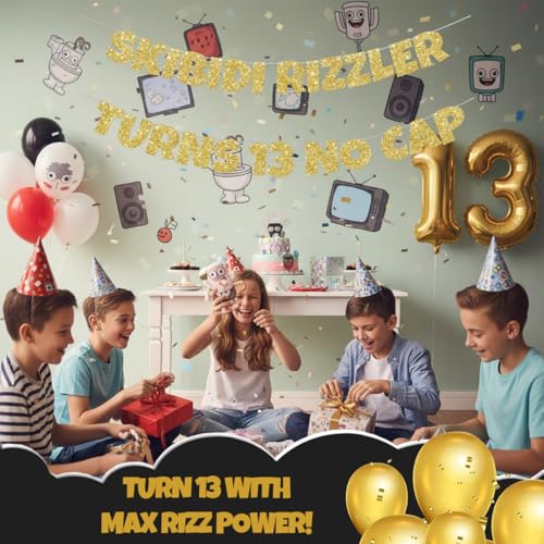 Skibidi Rizzler Turns 13 No Cap Banner - Glitter Birthday Decor