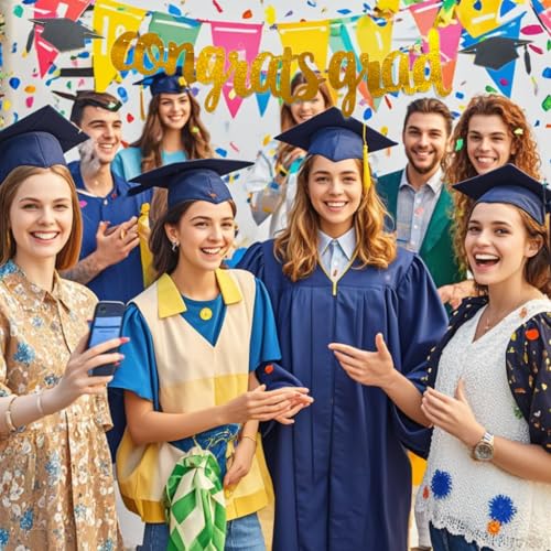 Congrats Grad Glitter Banner with Cap Garland Gold Party Decoration