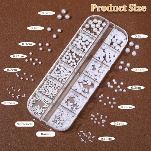 Nail Pearls 12 Grids Flatback White Pearl Charms for Manicure and DIY Crafts