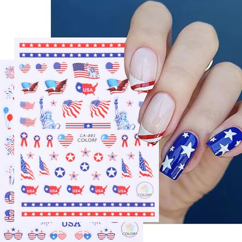 HOXIEYA 4th of July Patriotic Nail Stickers - 4 Sheets American Flag Design