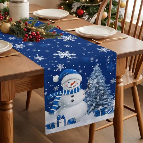 Navy Blue Christmas Table Runner 13x72 Inches - Snowflake Tree Decor, Farmhouse Linen Blend