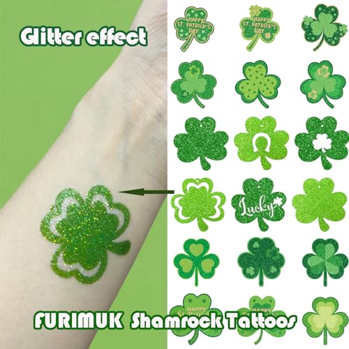 Furimuk St. Patrick's Day Glitter Shamrock Temporary Tattoos - 24 Pack