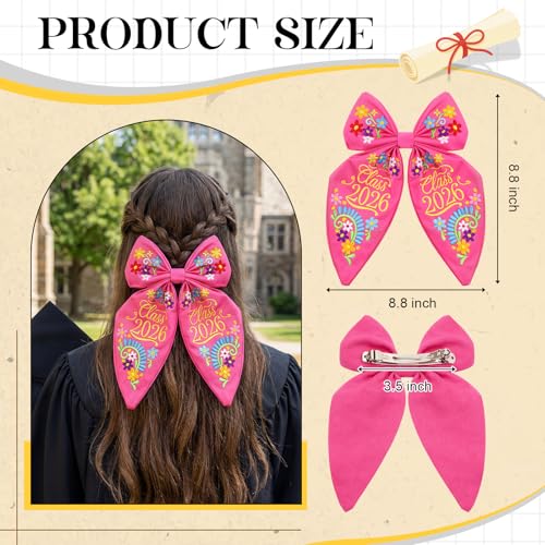Crowye 8.8 Inch Large Graduation Hair Bow Clip Class of 2026 Pink