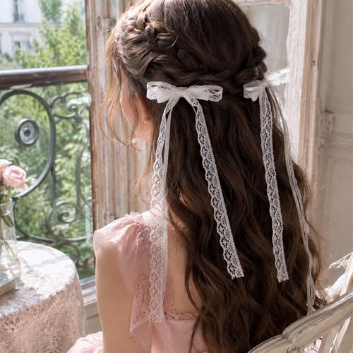 Zelphvt White Lace Hair Bows with Long Tails & Alligator Clips